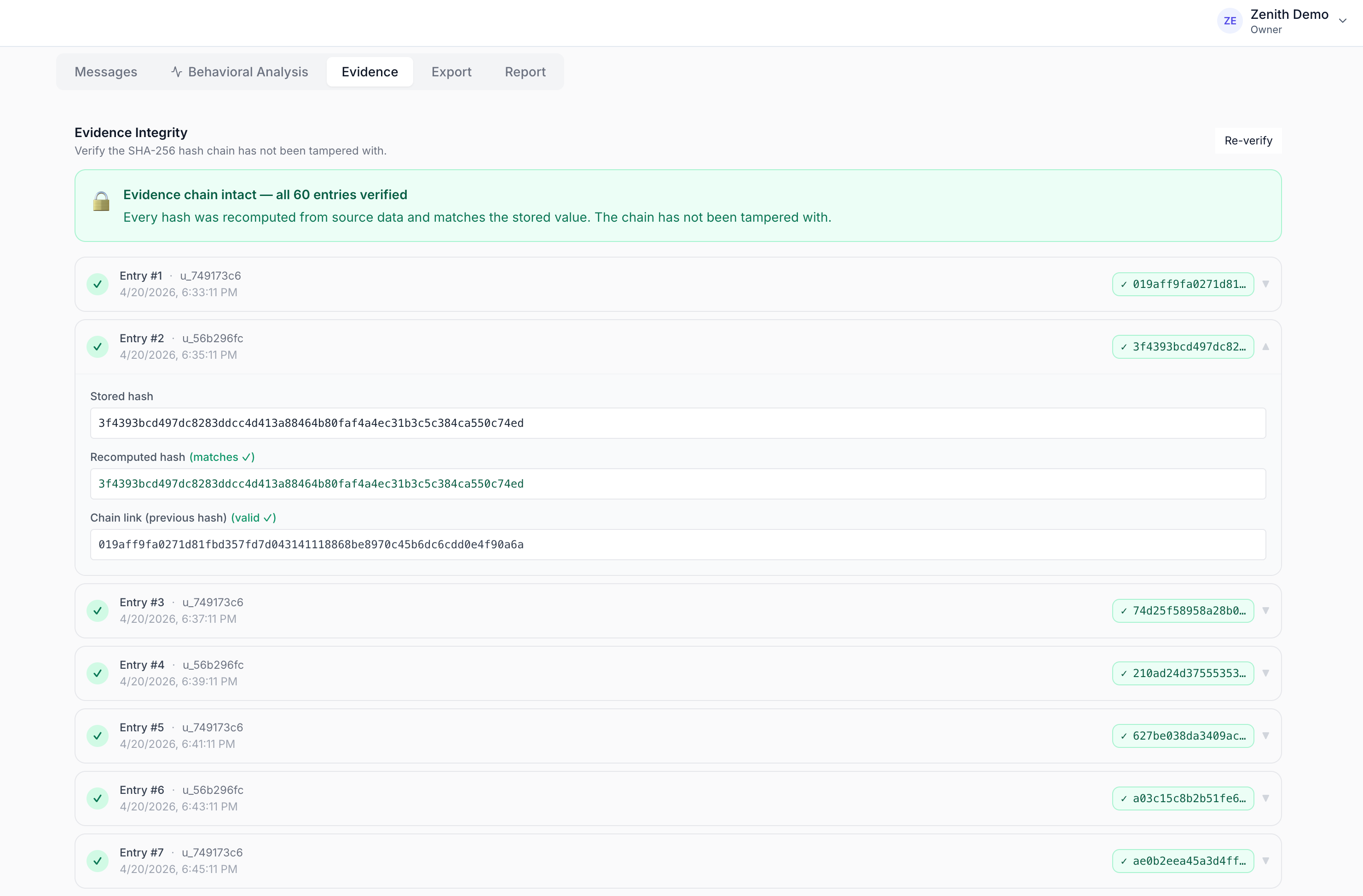 Kynos evidence chain view showing linked, hash-verified messages