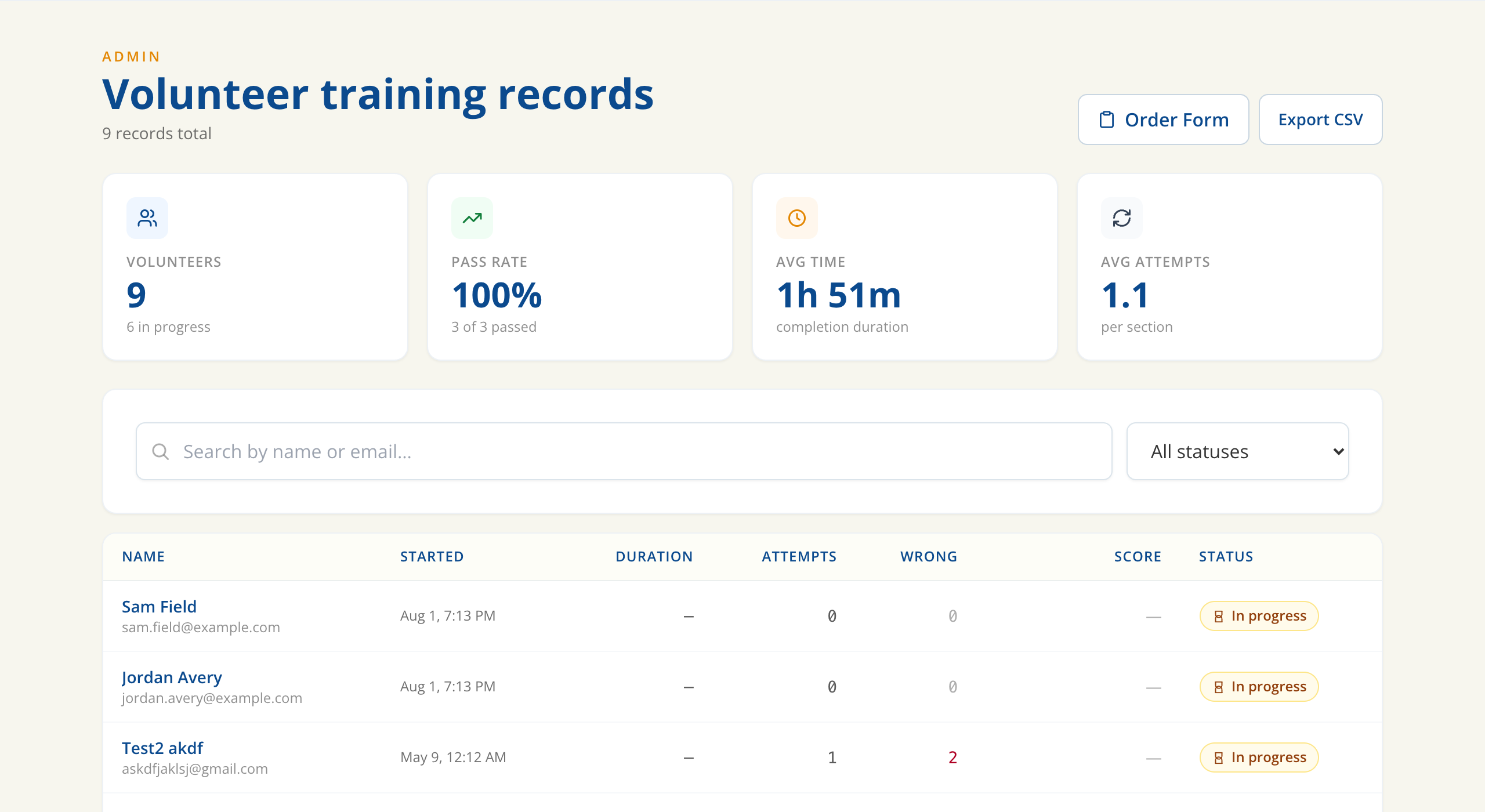Admin dashboard with volunteer training records and pass rates