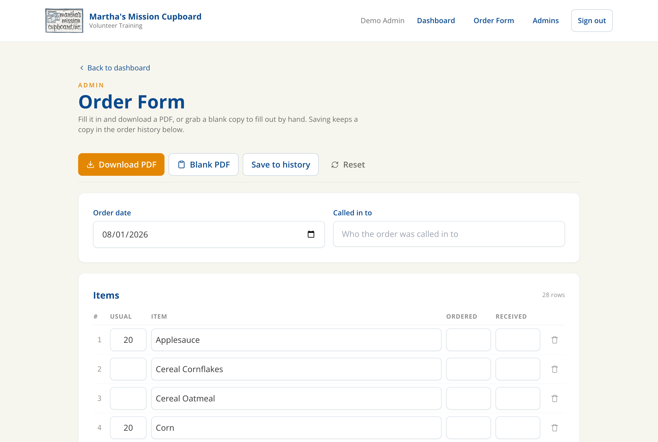 Digitized supplier order form with PDF export