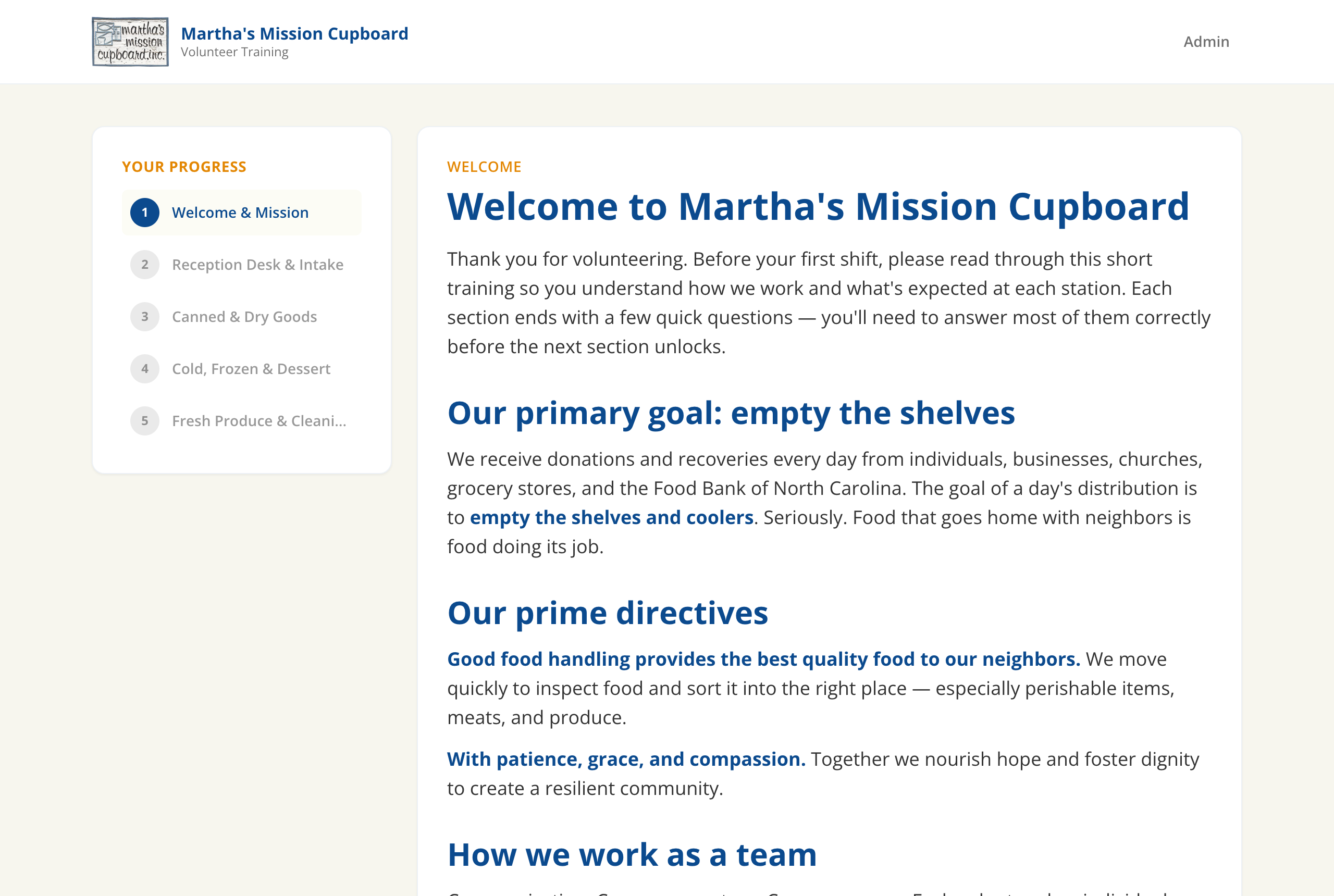 Martha's Mission volunteer training page with progress sidebar