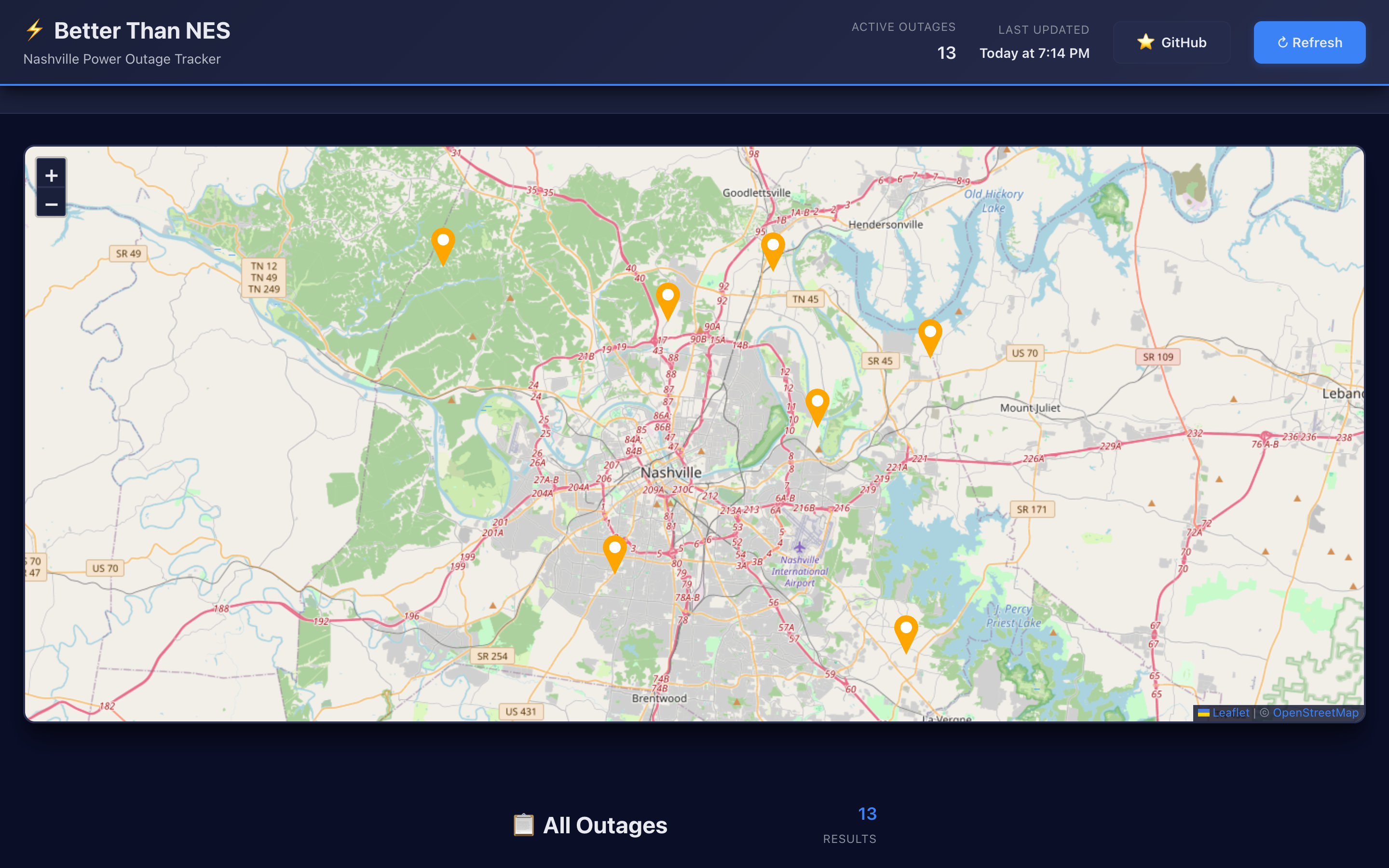 Live Nashville outage map with clustered markers