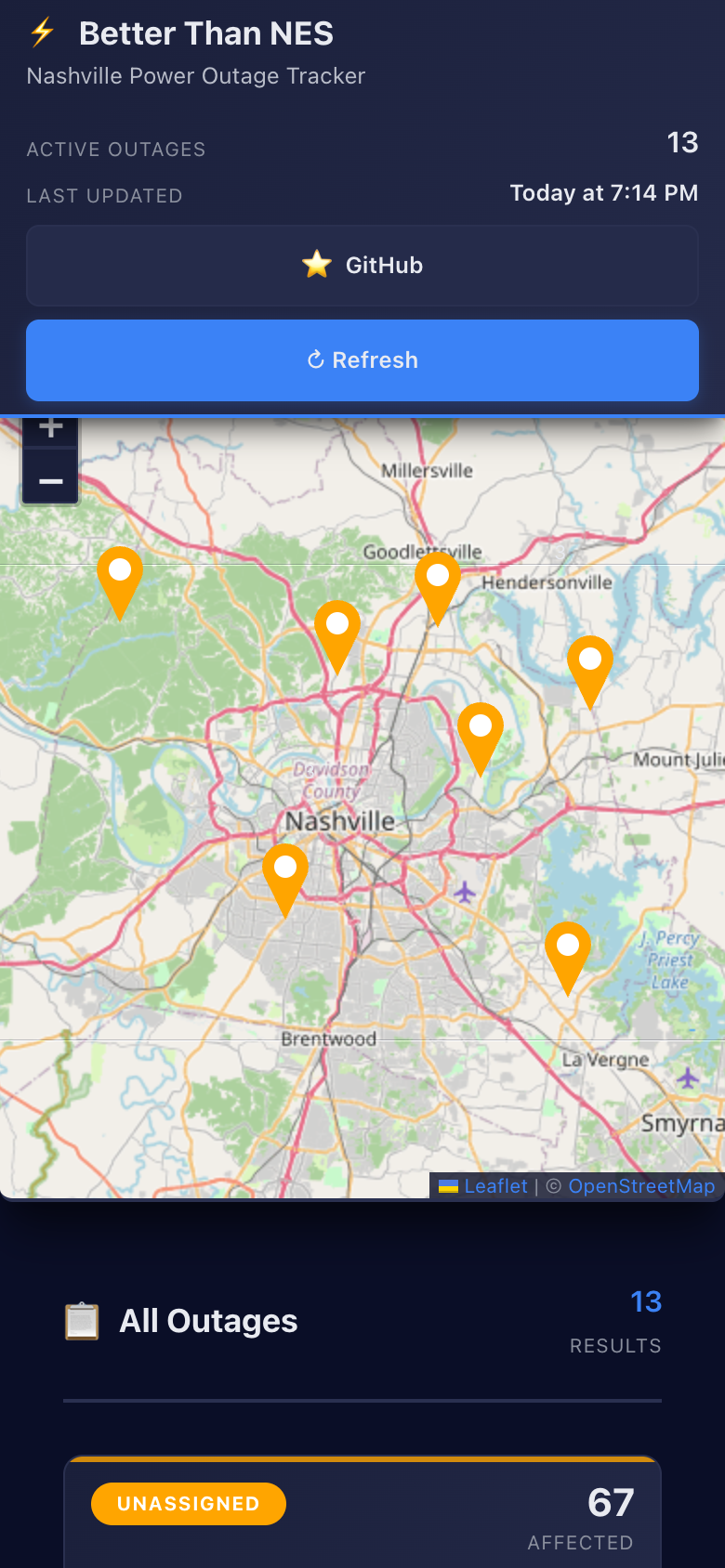 Outage tracker on a phone