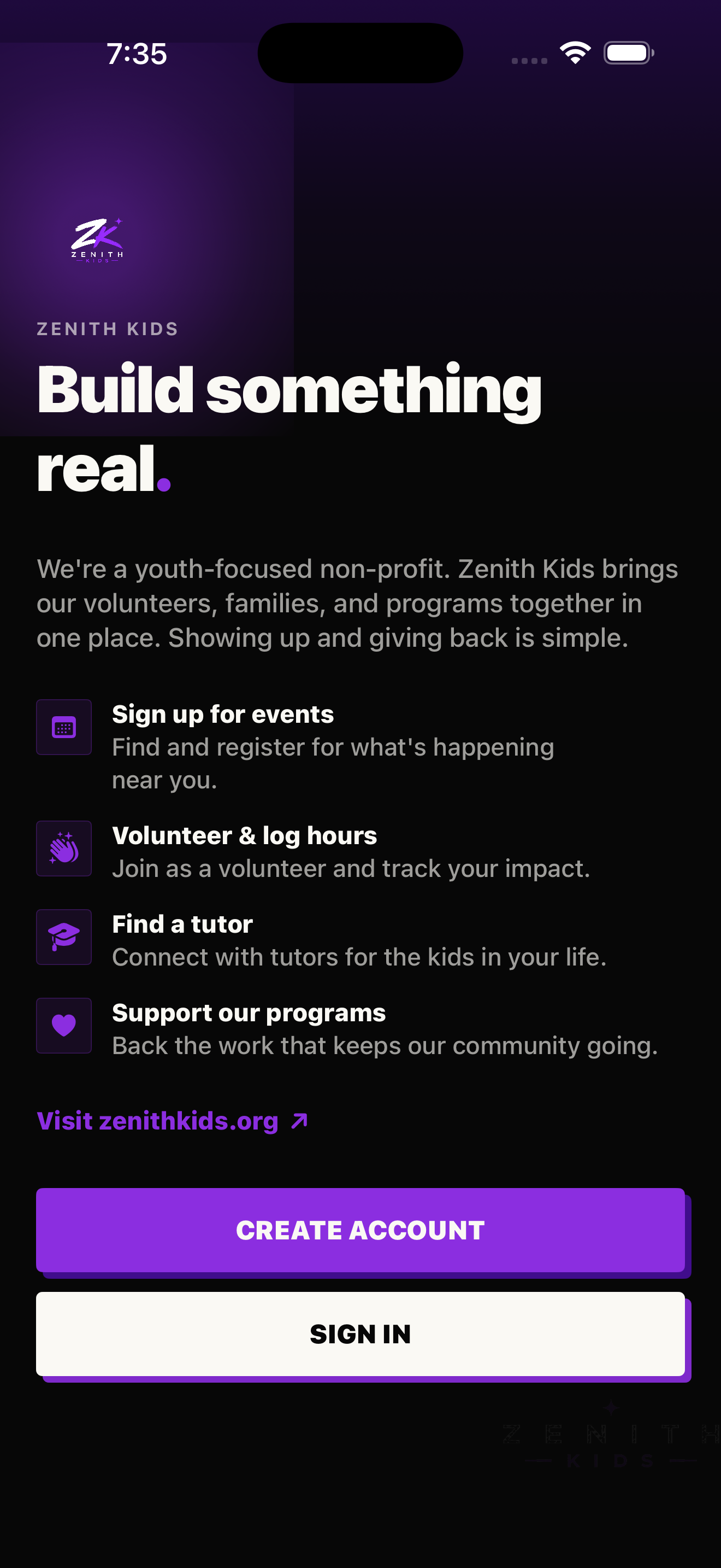Zenith Kids native iOS app welcome screen
