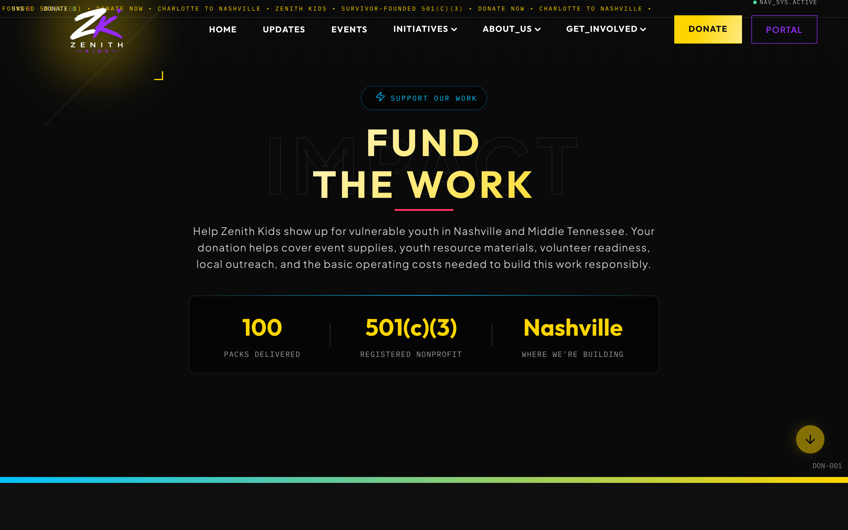 Zenith Kids donation page with tier selection
