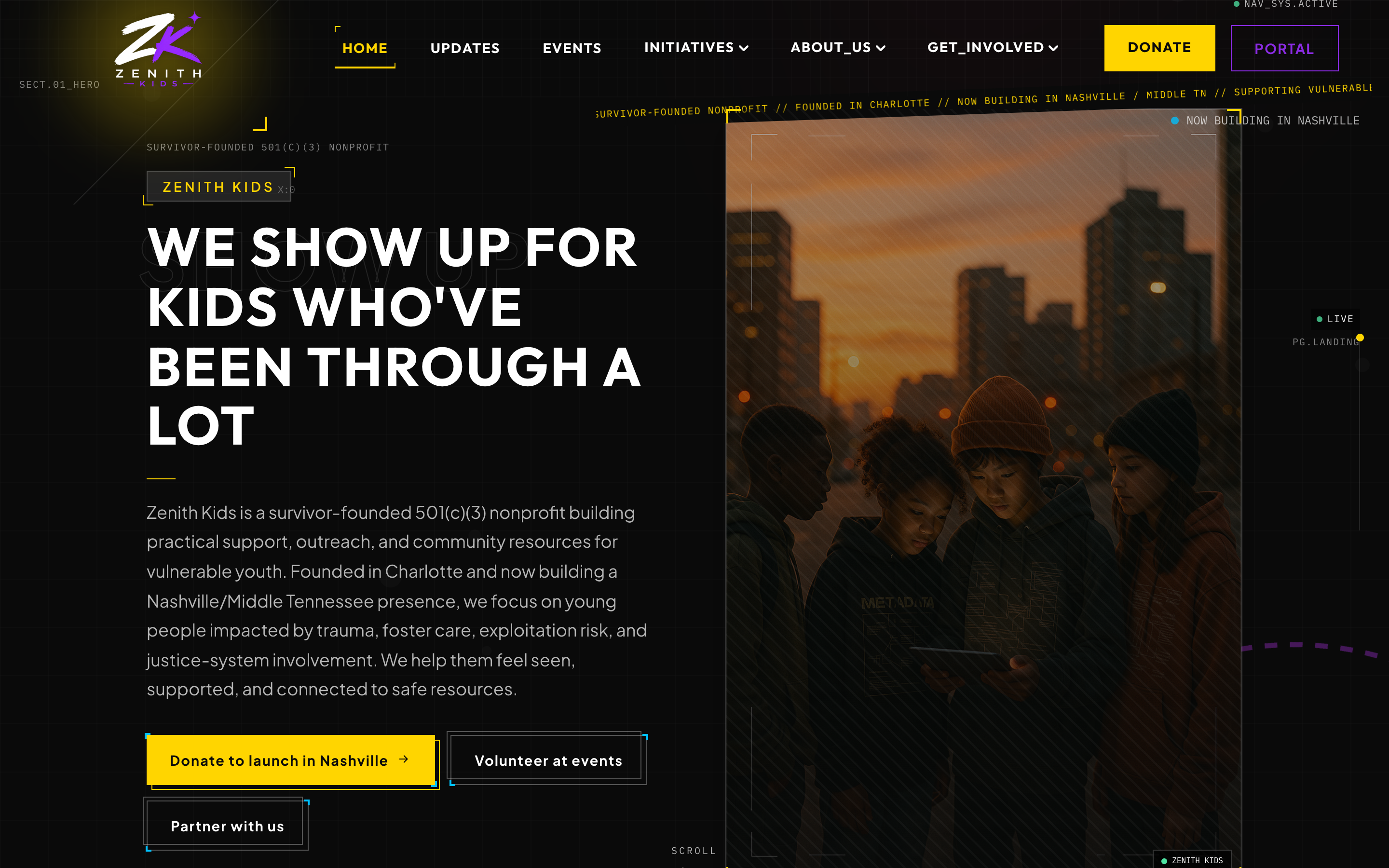 Zenith Kids public site hero with industrial dark design